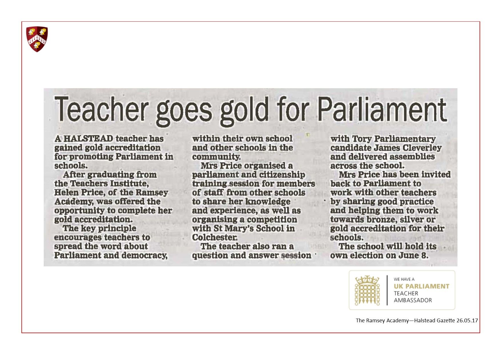 UK Parliament Teacher Ambassador 28.05.17