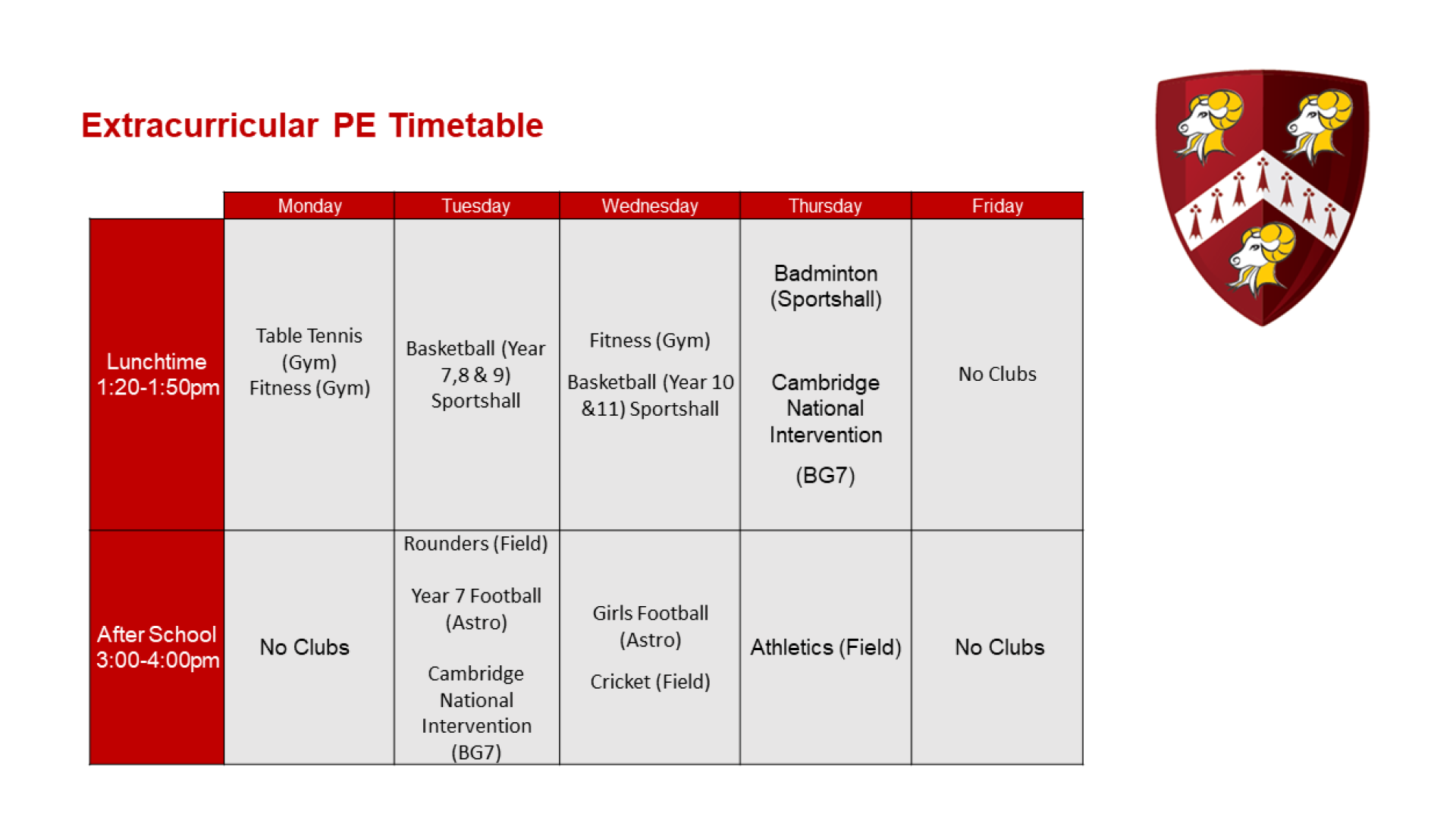 Extracurricular PE Timetable