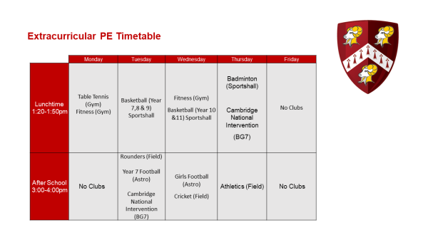Extracurricular PE Timetable